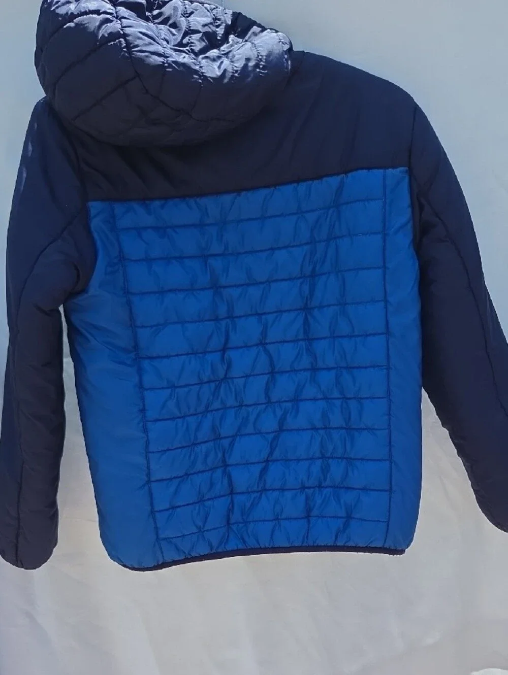 Eddie Bauer (Reversable) Blue & Navy Hooded Puffer Jacket with Neon Accents.